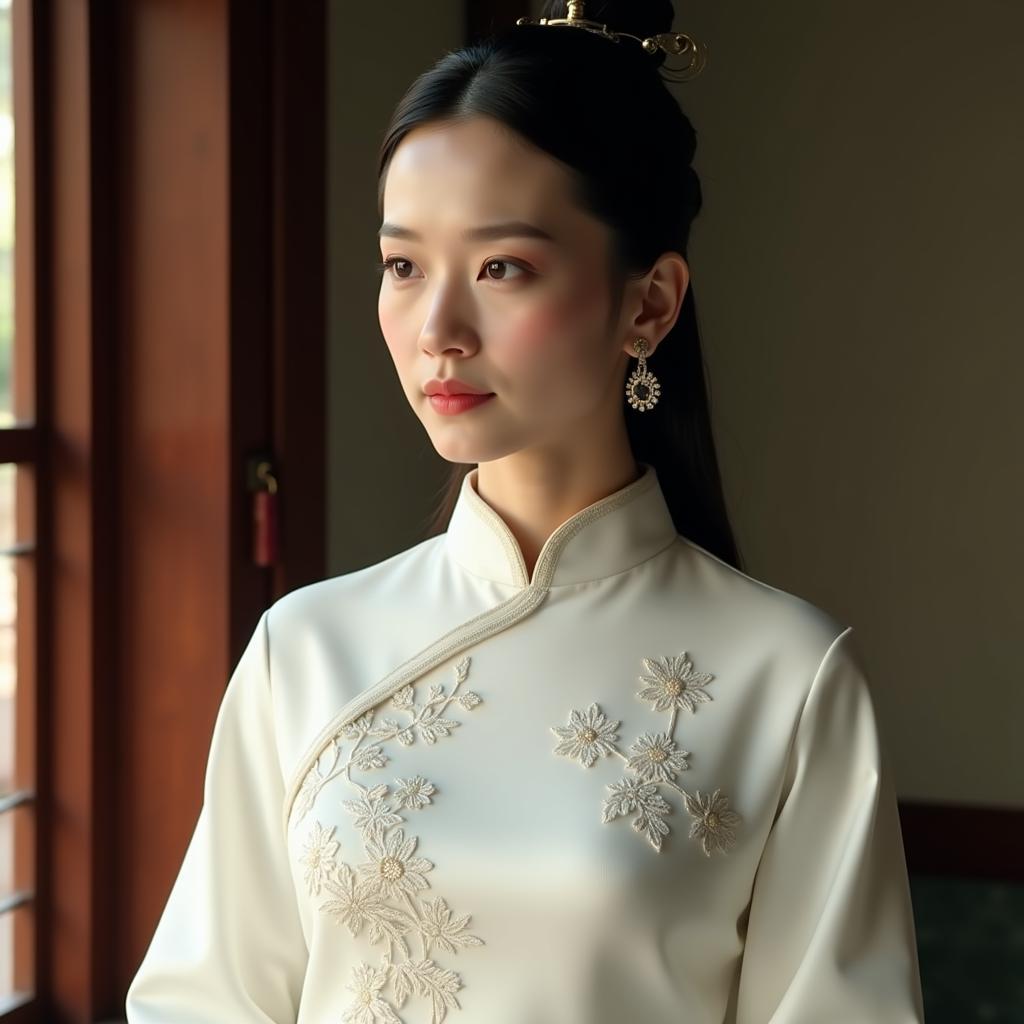 Fan Bing Bing in a white cheongsam in a movie still