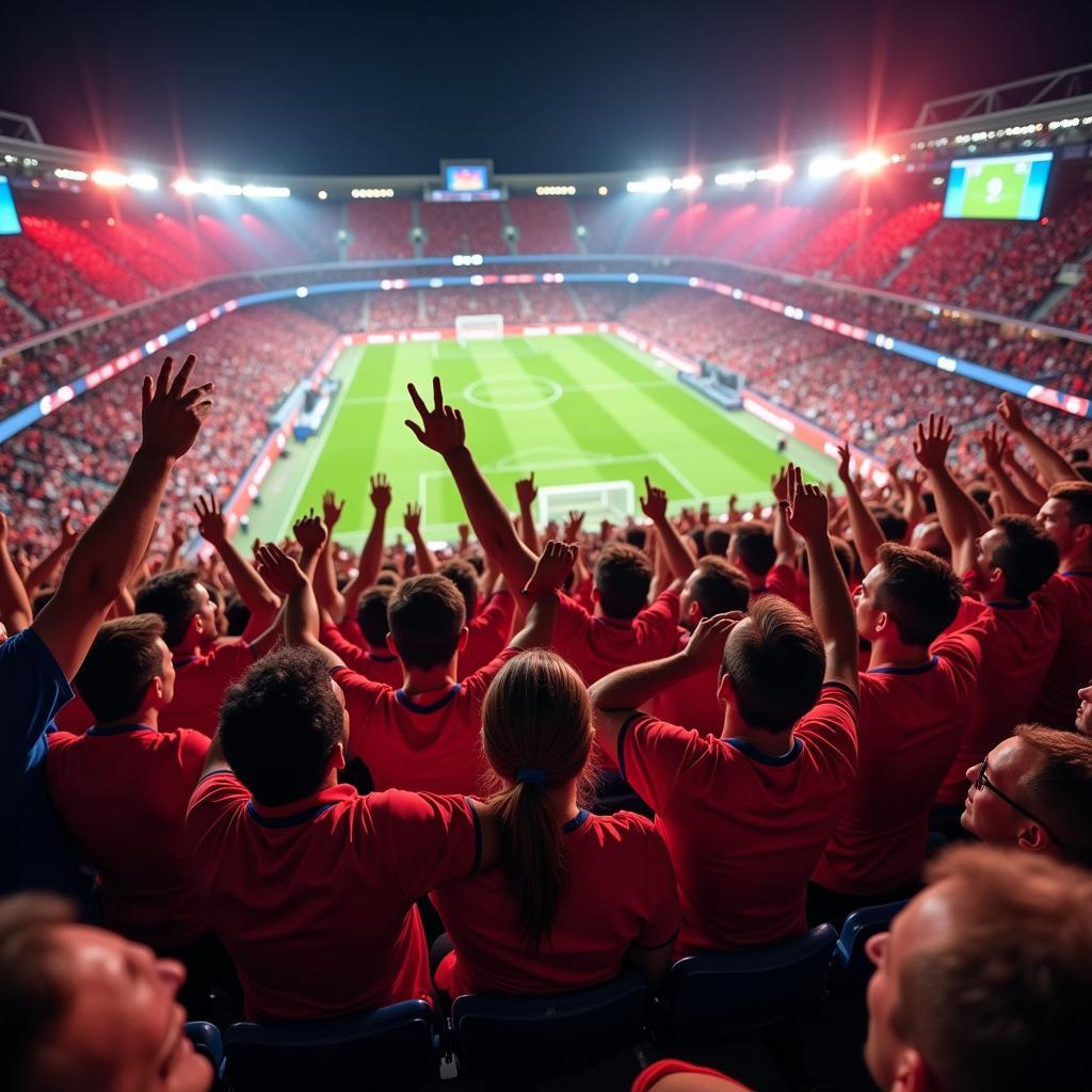 Fans celebrating a victory in a packed stadium