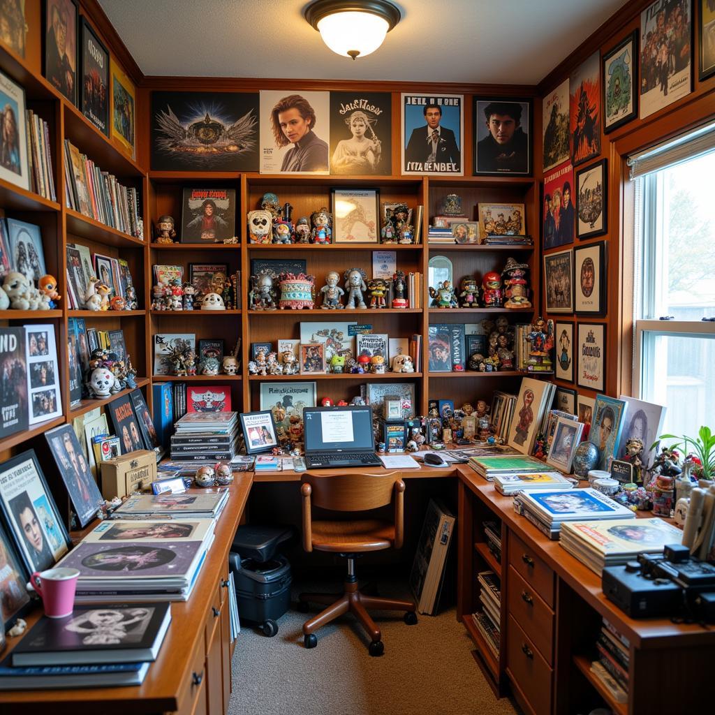 A room filled with merchandise related to a particular celebrity or band. The sheer volume of items suggests excessive spending and an unhealthy obsession.