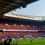 Fans cheering in a packed football stadium