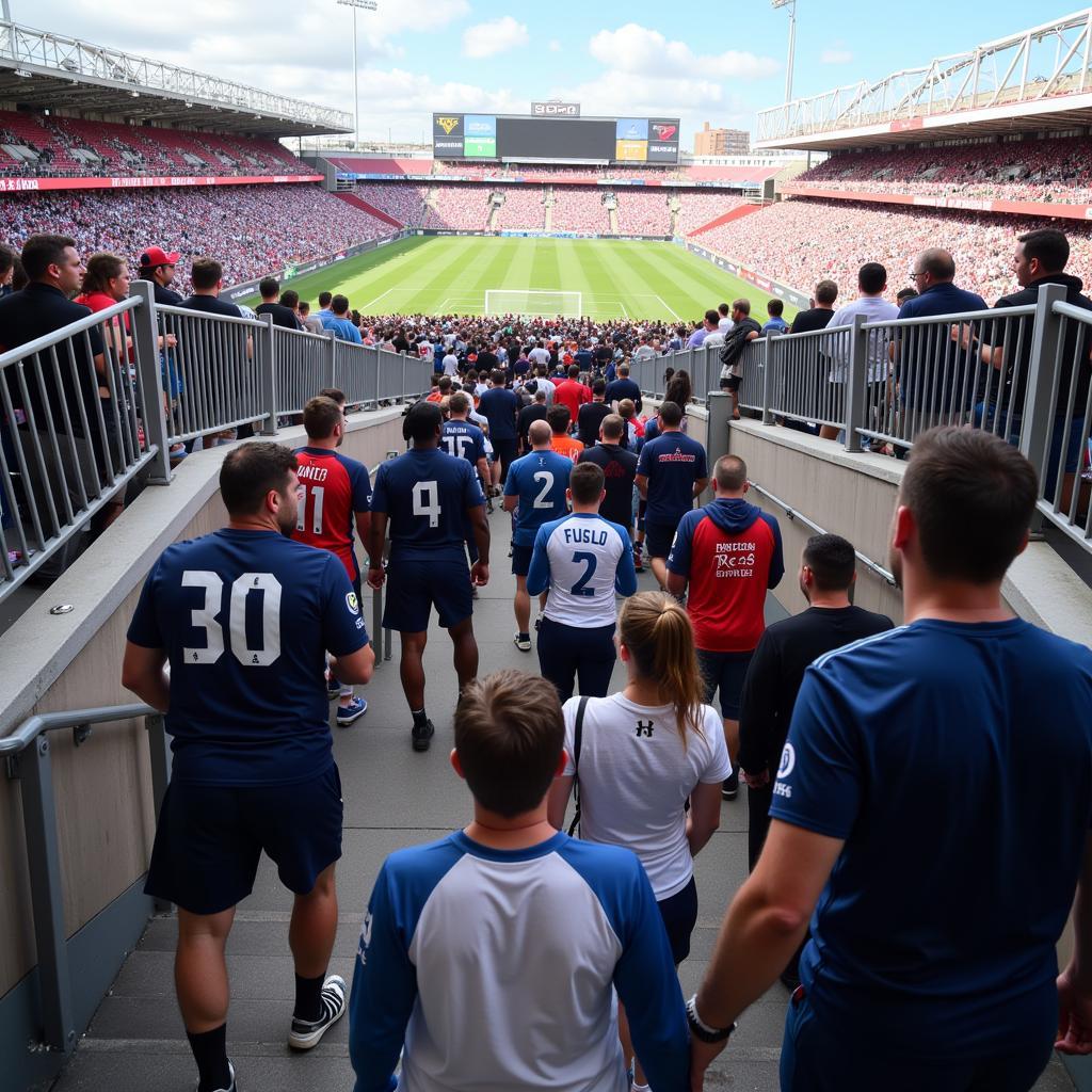 Fans Enjoying Fresh Air on Stadium Staircase