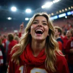 Female Fan Singing Passionately at a Football Match