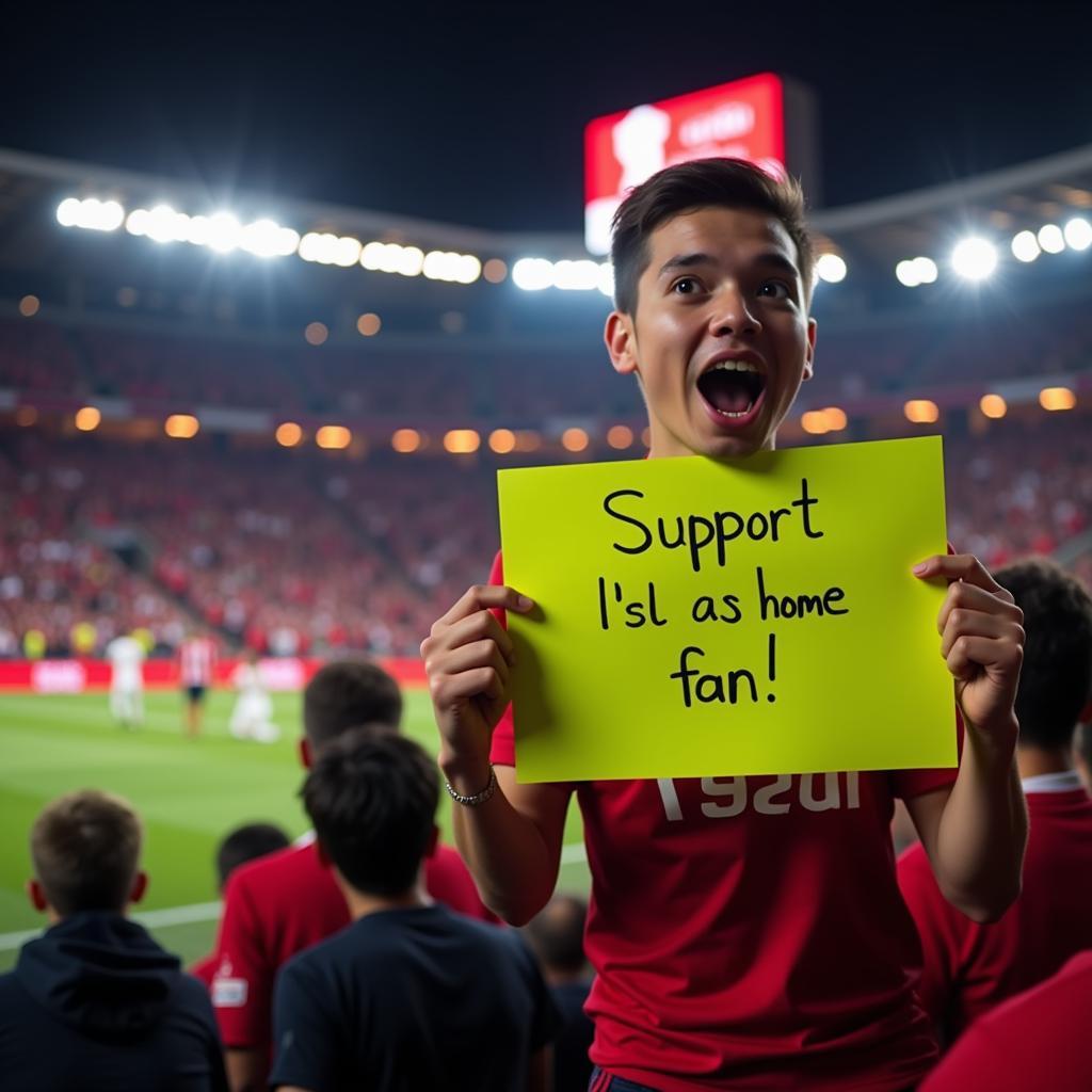 Fan Holding Card in a Football Stadium