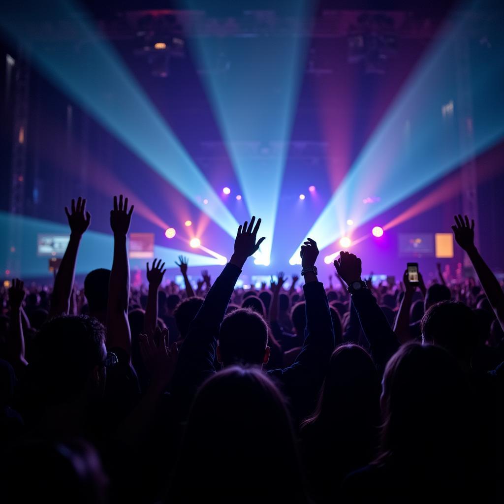 Fans at a concert holding up signs and singing along passionately with the artist.