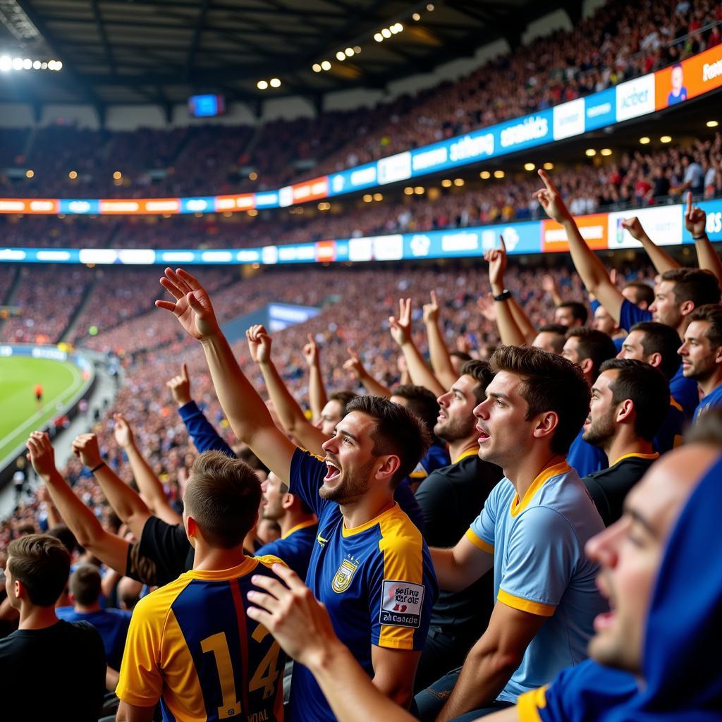 A large crowd of sports fans cheering enthusiastically in a stadium.