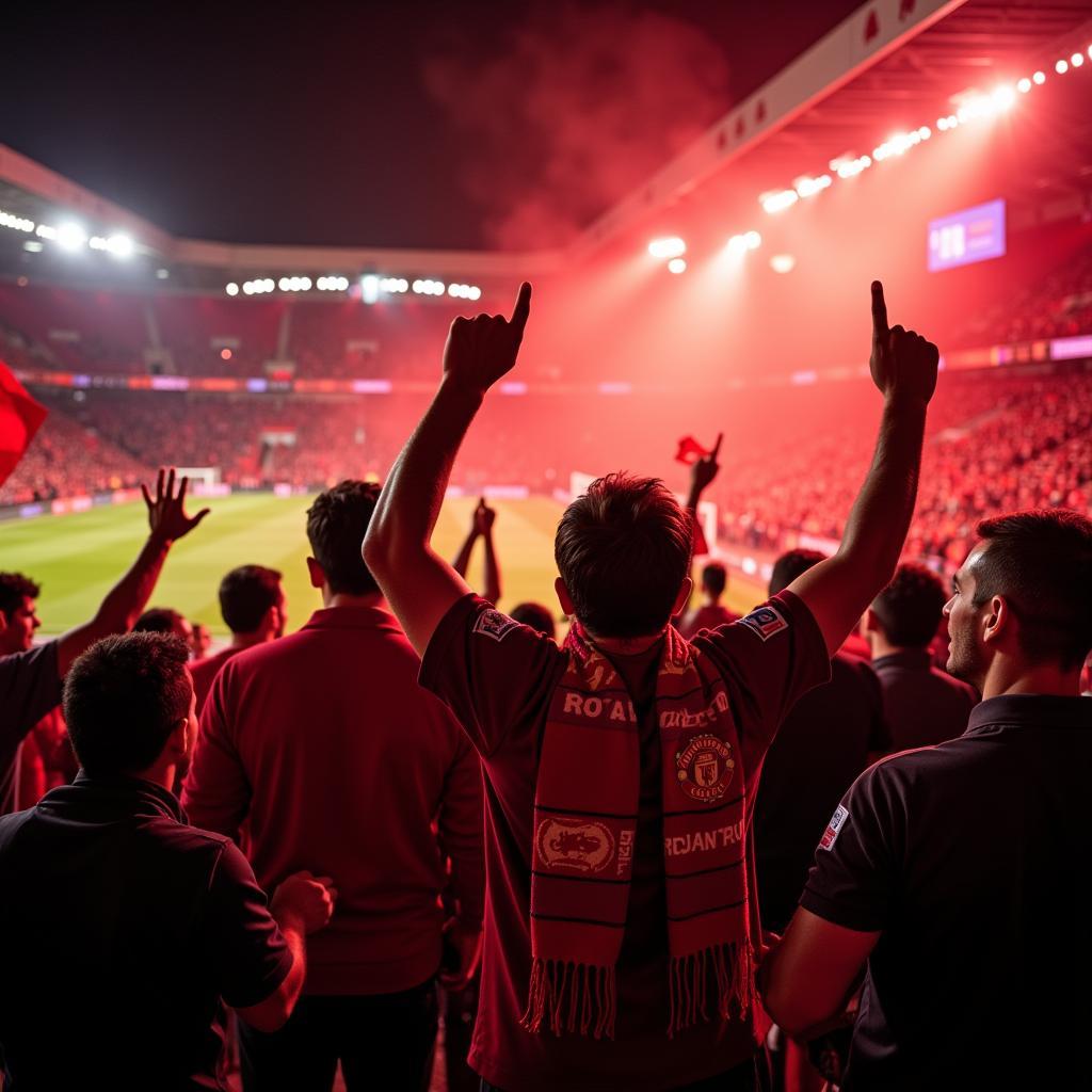 Manchester United fans celebrating a goal in 2019