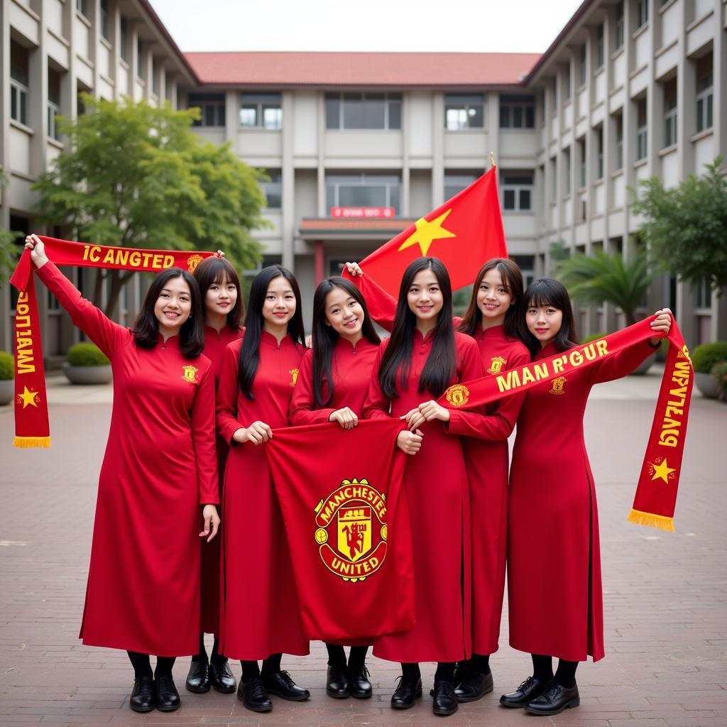 Manchester United Fans in Ao Dai Celebrating at School