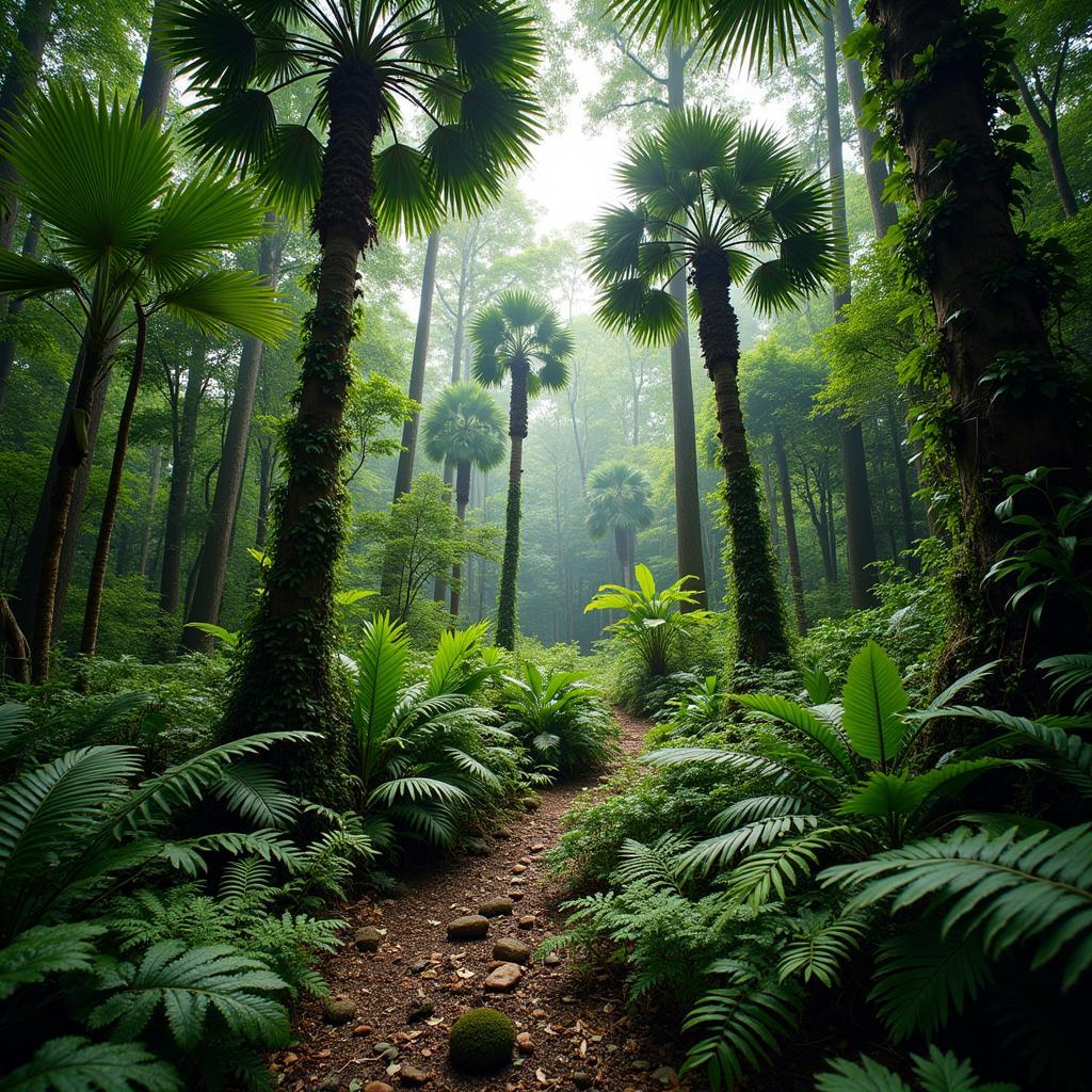 Fan Palm Rainforest Understory:  A look at the forest floor of a fan palm rainforest, highlighting the diverse plant life and the shade provided by the canopy above.