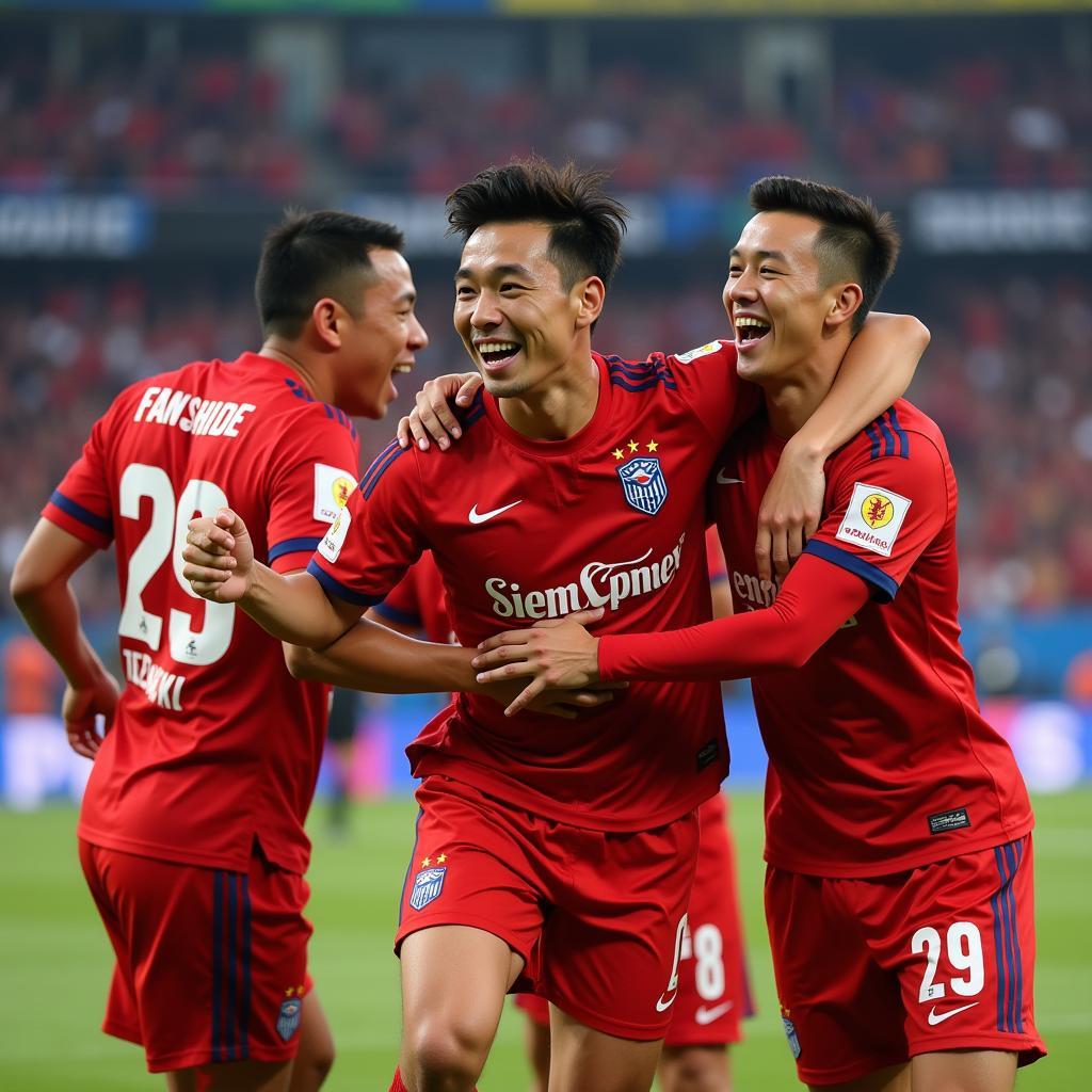 Fan Shide celebrating a goal with Dalian Wanda teammates