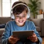 Young boy playing mobile games on an Apple device