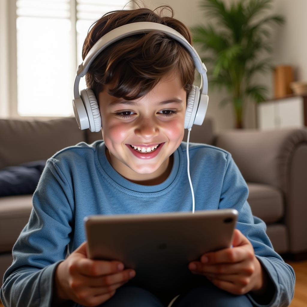 Young boy playing mobile games on an Apple device