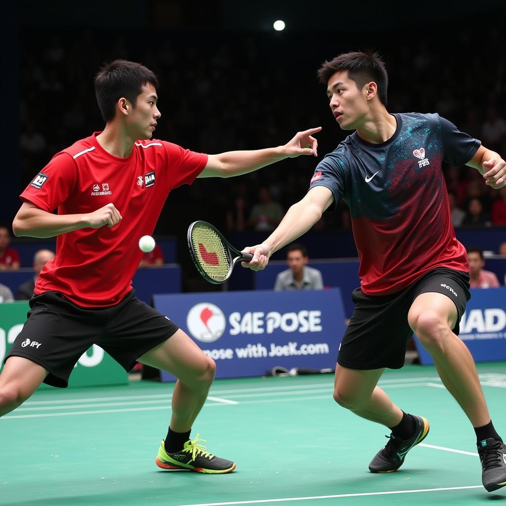 Fan Zhendong and Fang Bo engage in an intense rally, showcasing their contrasting styles.