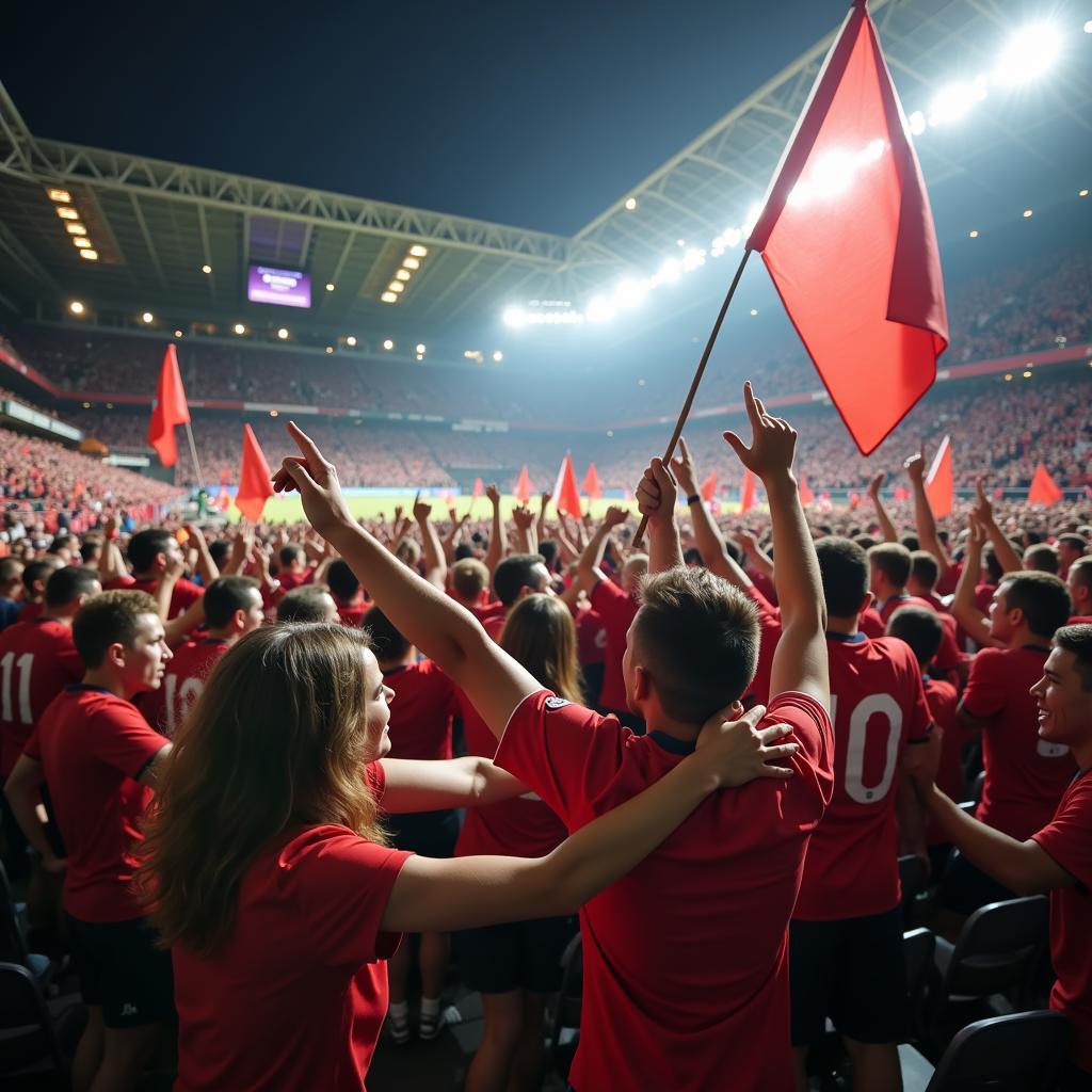 Fans celebrating a fan win in the stadium