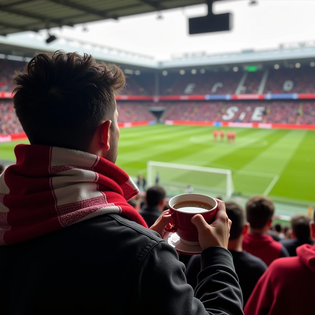 Fan Enjoying Tea at a Football Match