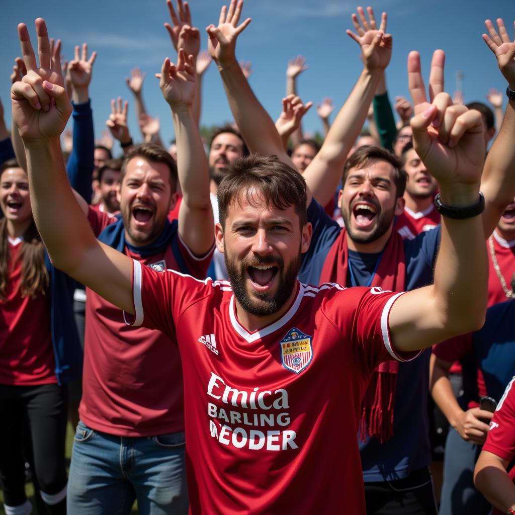 Fan Xinglou celebrating a goal with fellow fans