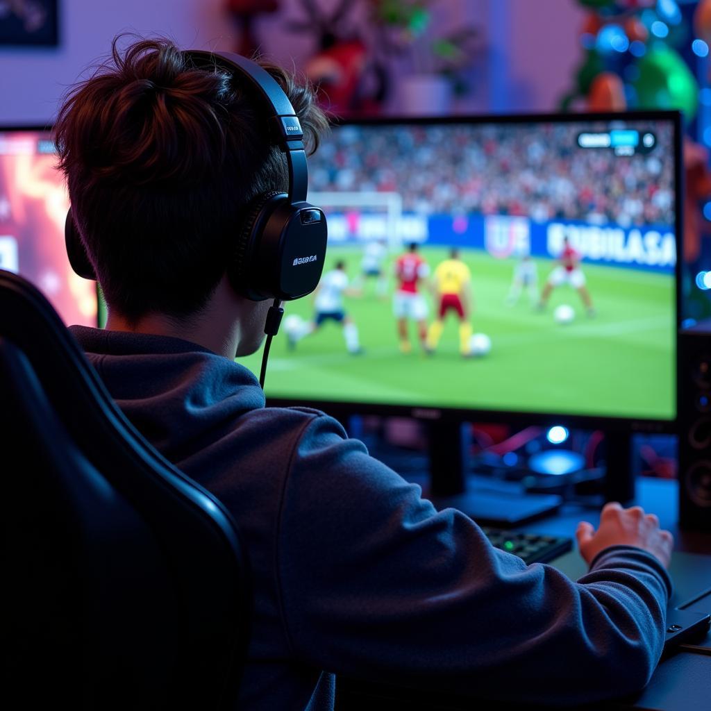 Fan Xinglou competing in a virtual football tournament