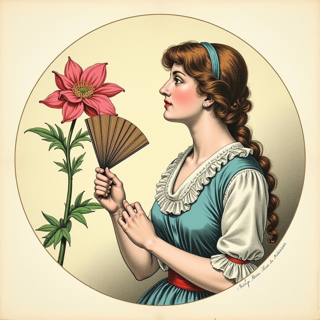 19th Century Woman Fanning a Flower: Depiction of a woman holding a fan towards a flower, possibly symbolizing vanity or admiration.