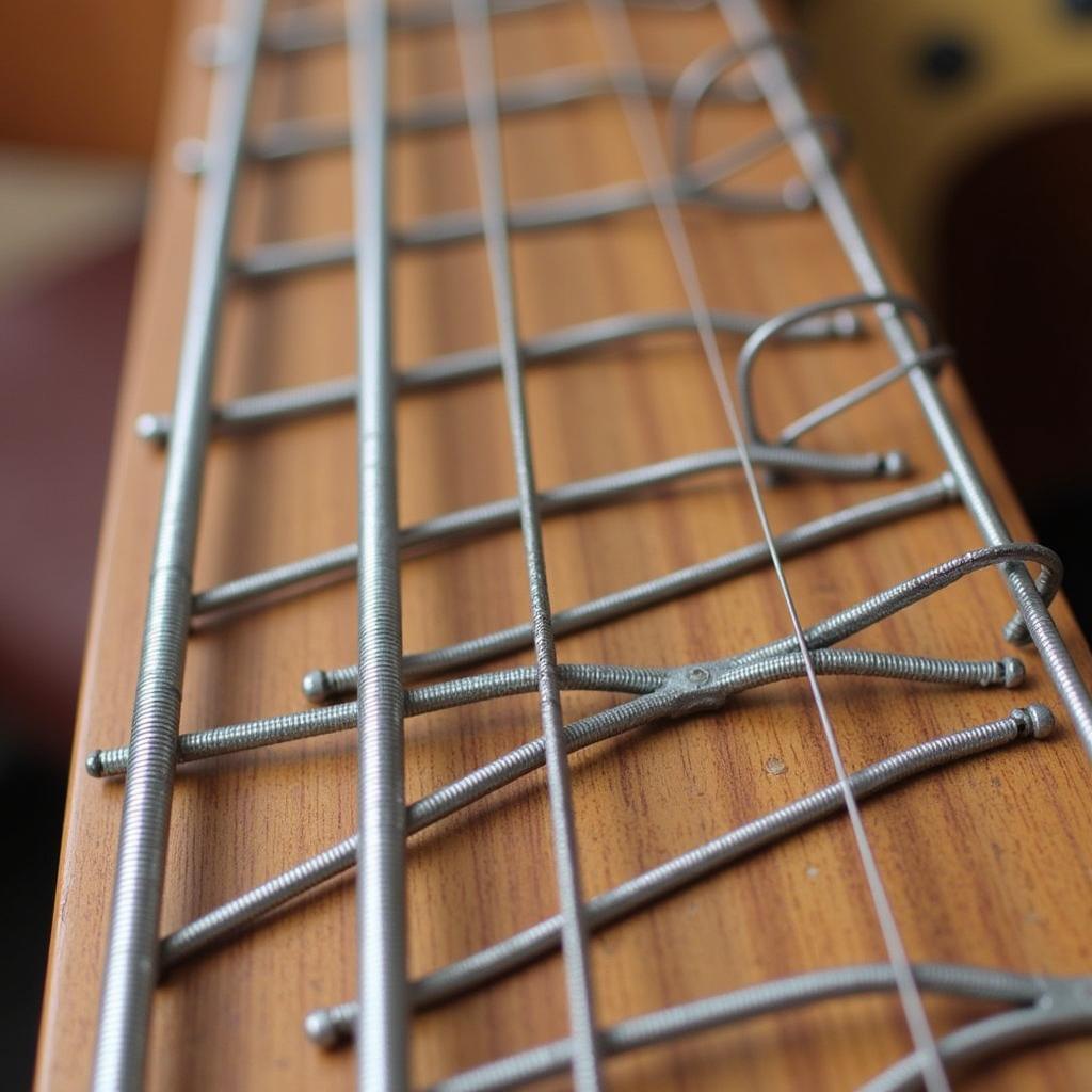 Close-up view of fanned frets on a bass guitar