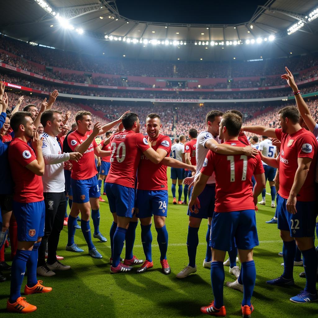 Fans celebrate a victory with their team, highlighting the shared joy and community spirit.