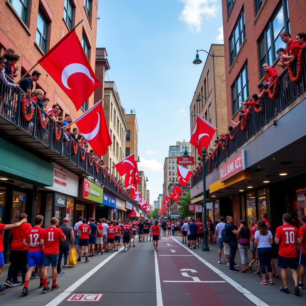 Fans proudly displaying team flags throughout city streets during a major tournament