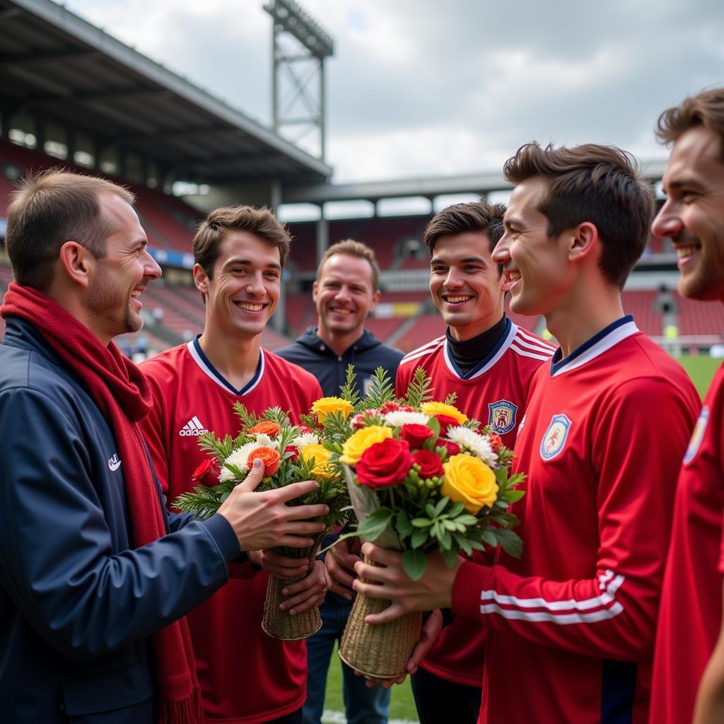 Fans Giving Flowers to Football Players