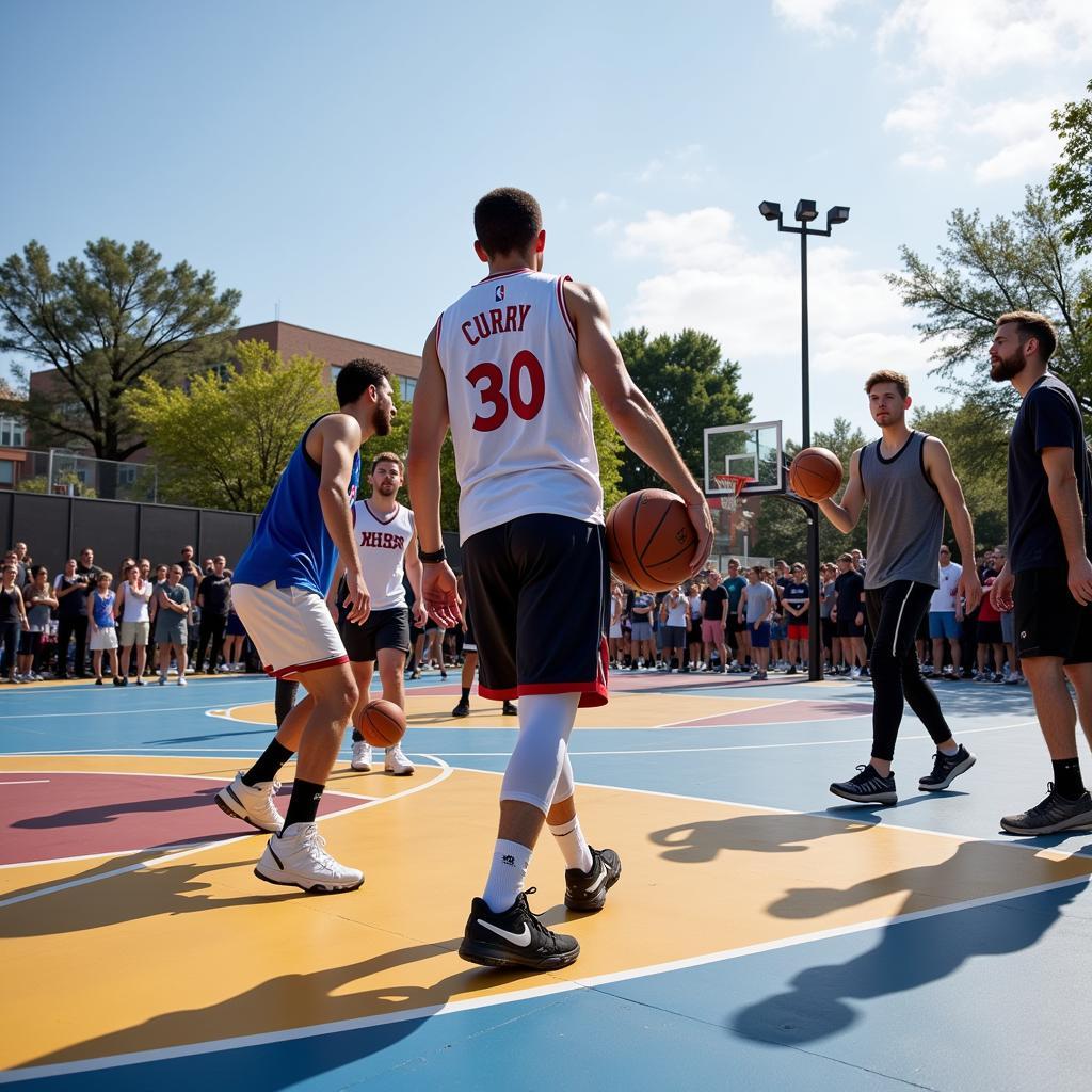 Fans playing basketball with Stephen Curry on an outdoor court