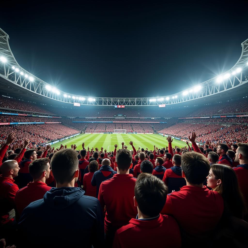 Fans singing together in a packed football stadium, creating an electric atmosphere.