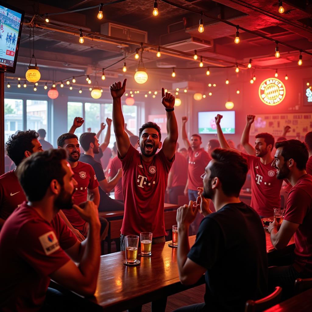 FC Bayern Munich fan clubs celebrating a goal in a local pub.