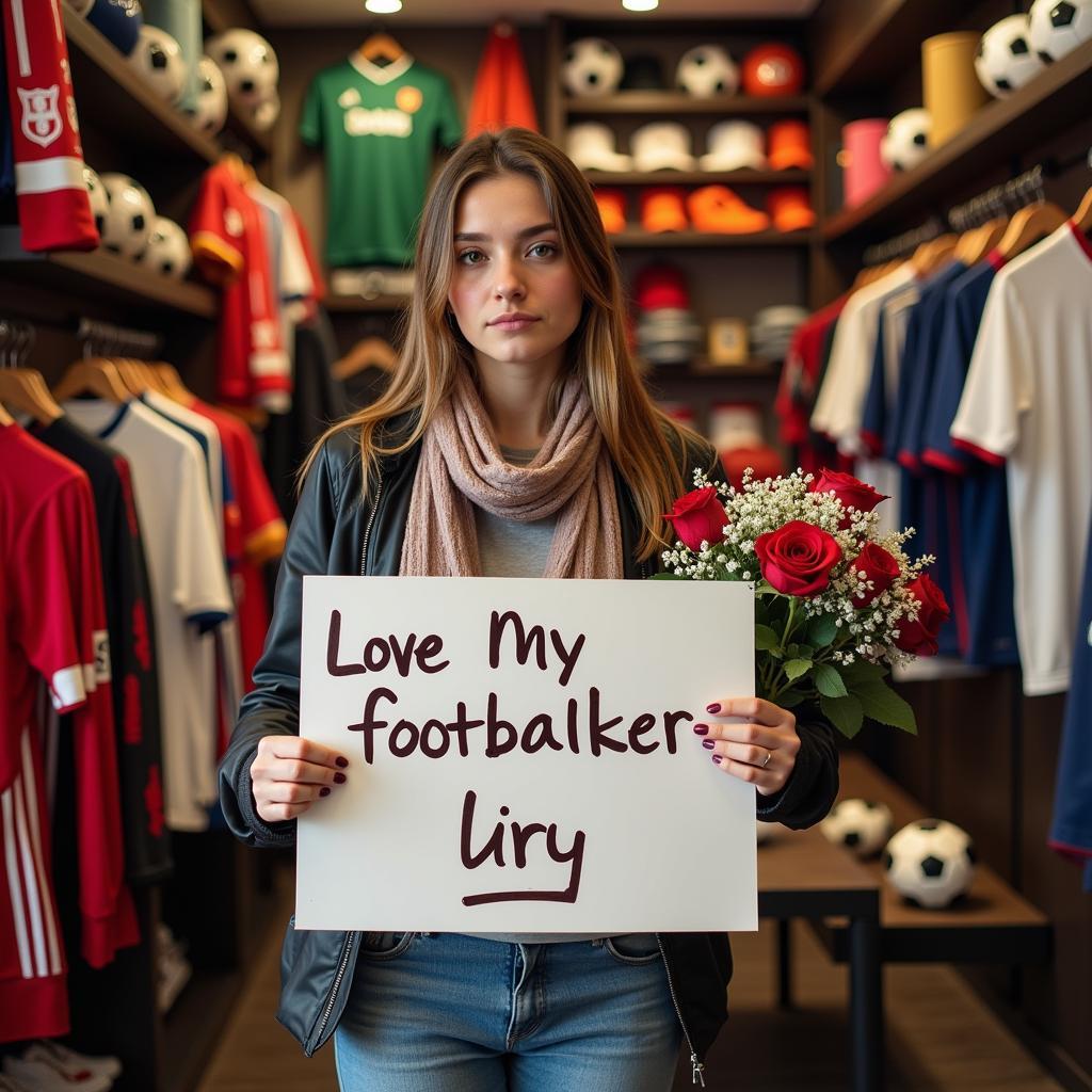 Female Fan Declares Love at Football Shop