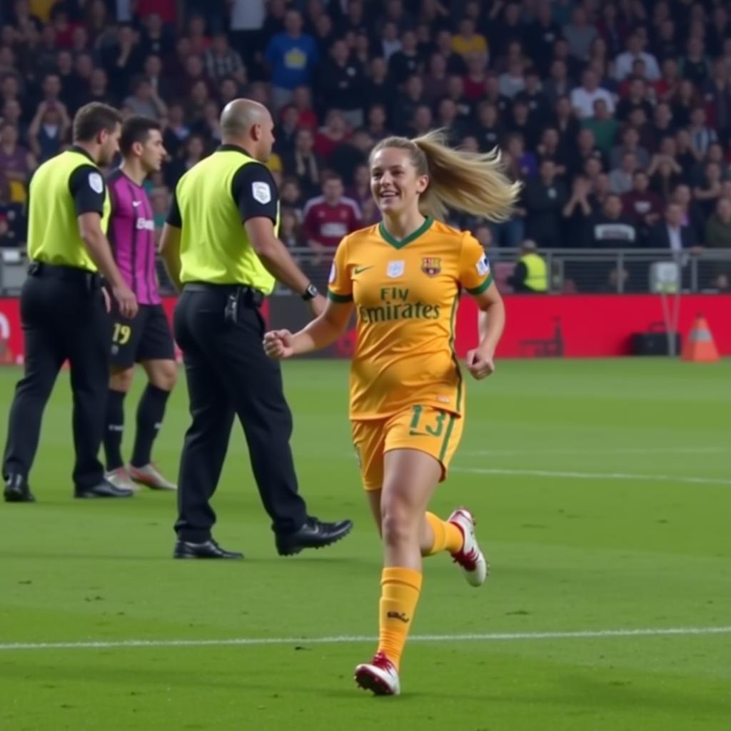 Female fan running onto the pitch during the final match