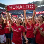 Female fans cheering for Cristiano Ronaldo during a football match