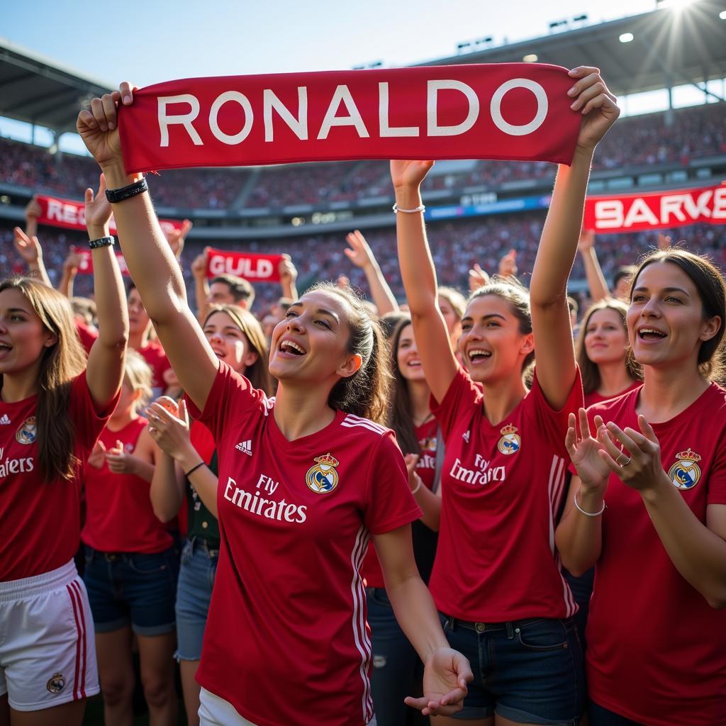 Female fans cheering for Cristiano Ronaldo during a football match