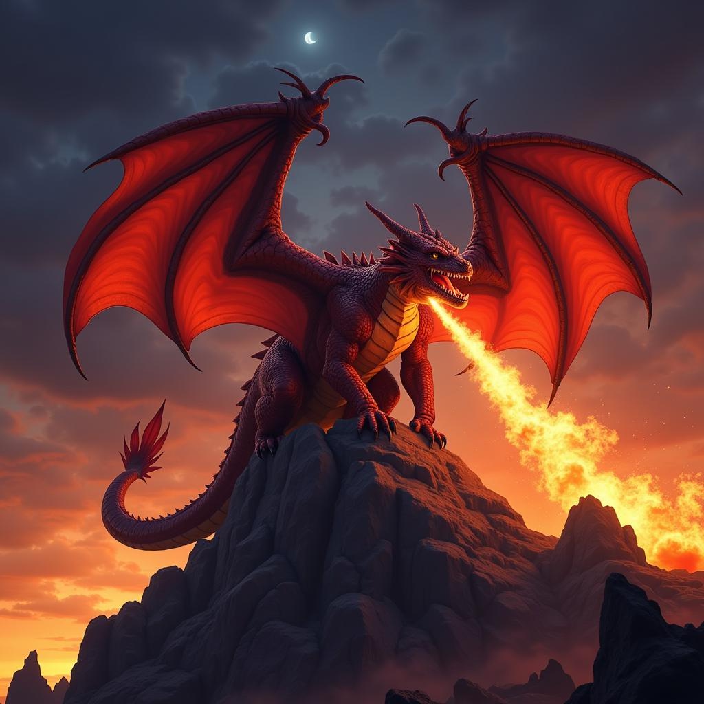 Fiery Dragon Wallpaper for Desktop: A majestic red dragon breathing fire illuminates a dark, mountainous landscape, perfect for fantasy enthusiasts.