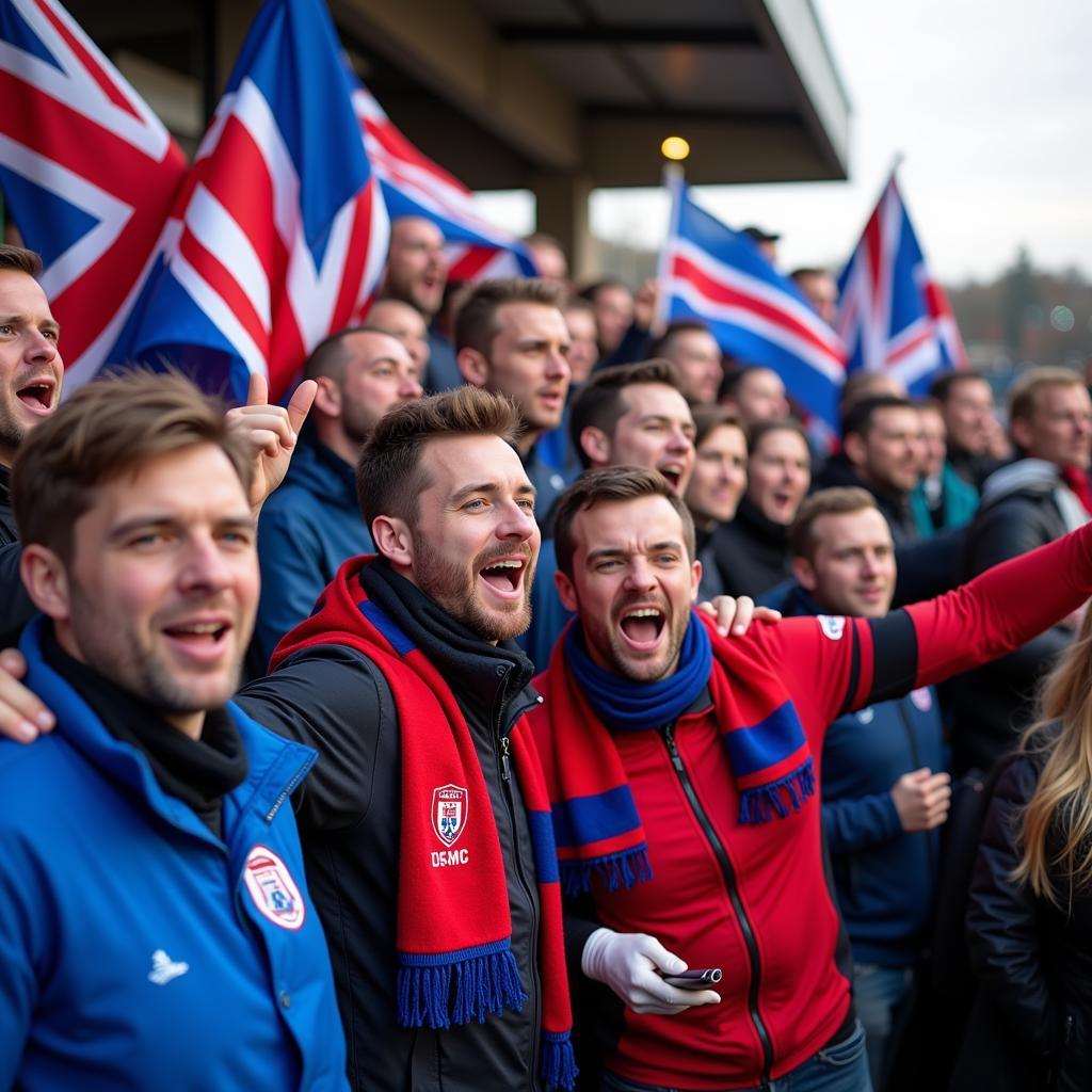 Fife football fans cheering in the stands during a match.