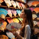 Woman browsing hand fans in a local store