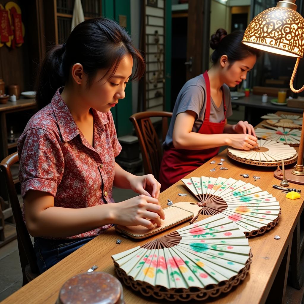 Vietnamese Artisans Crafting Traditional Quạt Giấy