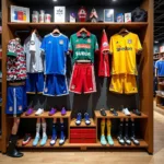 Football apparel and accessories display in a fan shop giày store