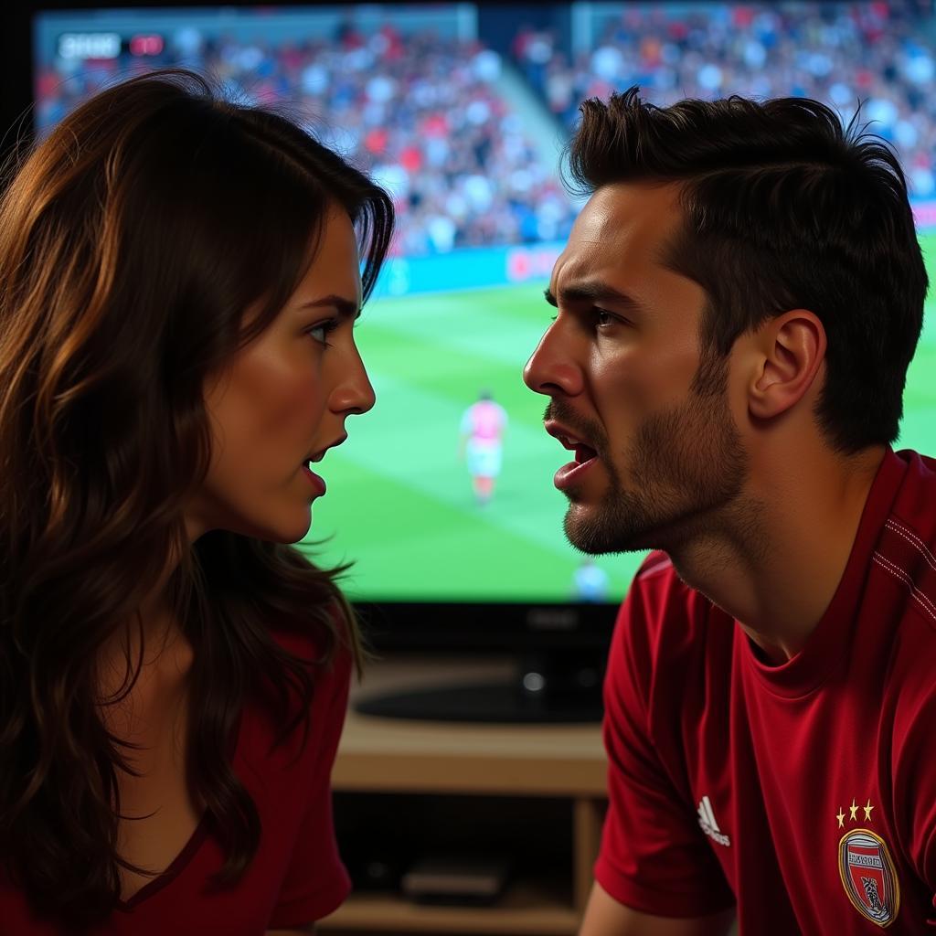 A football fan arguing with his partner, showcasing the strain obsession can place on relationships.