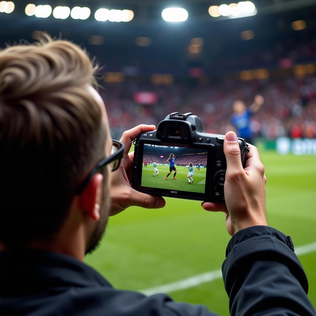 Fan capturing a goal celebration at a football match