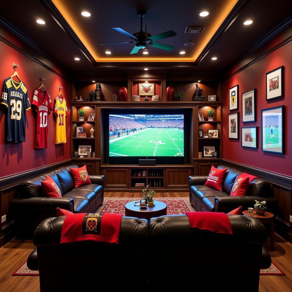 Football Fan Cave Setup: A dedicated space with a large screen TV, comfortable seating, and team memorabilia.