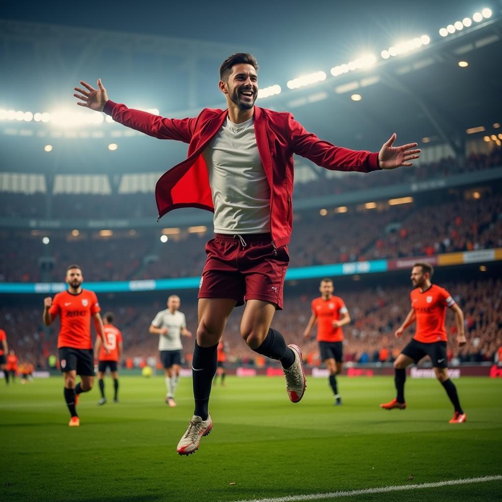 Football fan celebrating a goal with joy and excitement.