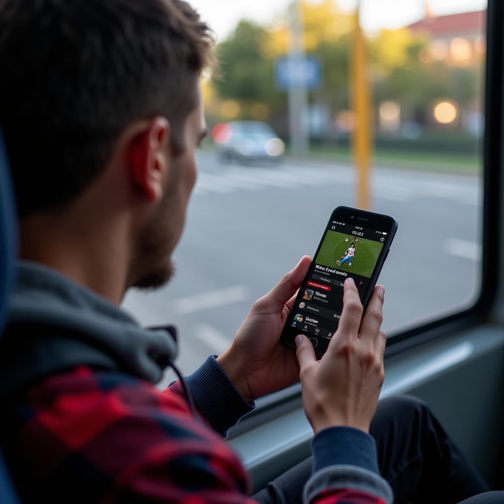 Fan checking live scores on phone during commute