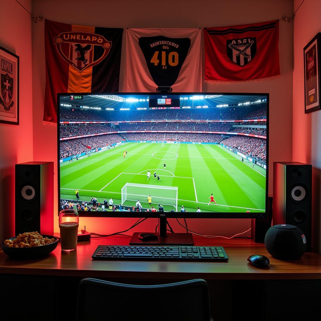 Setting up a Football Fan Day on your PC: A screen displaying a live match, surrounded by team merchandise.