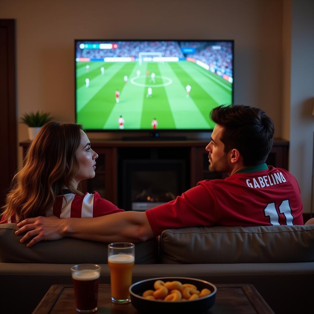 A football fan girlfriend and boyfriend watching a match together at home.