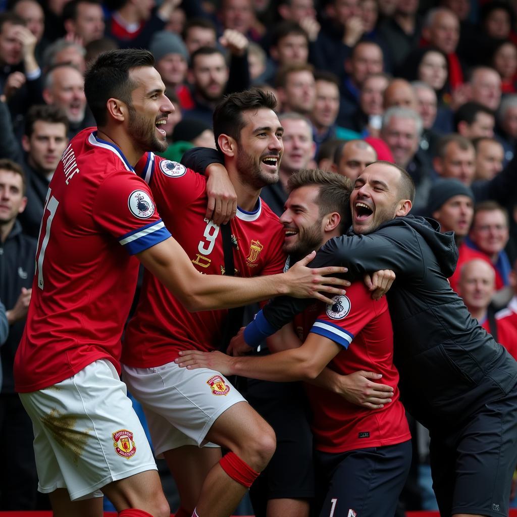 Fans celebrating a goal with unrestrained joy and camaraderie