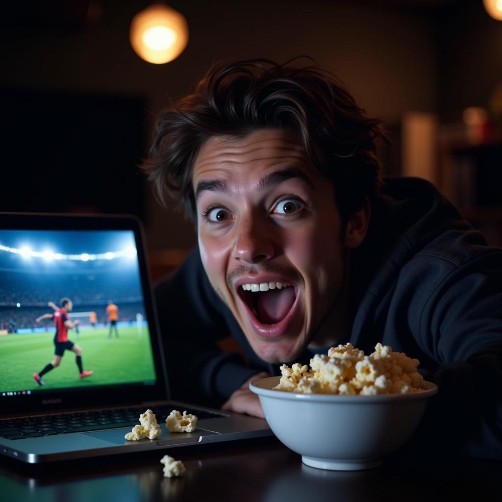 A football fan reacting ecstatically to a goal scored while watching on a laptop