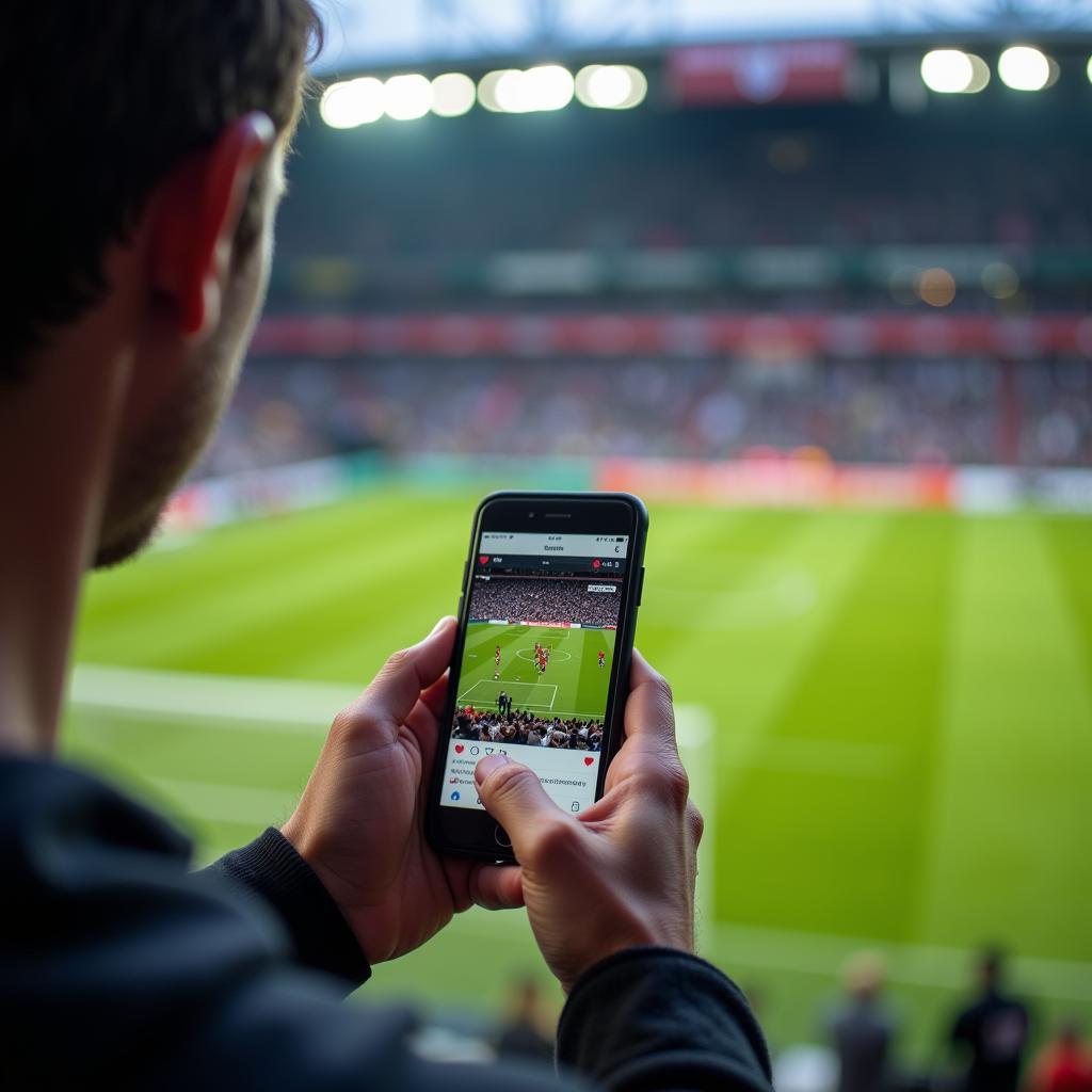 Football fan engaging with social media on their phone during a match