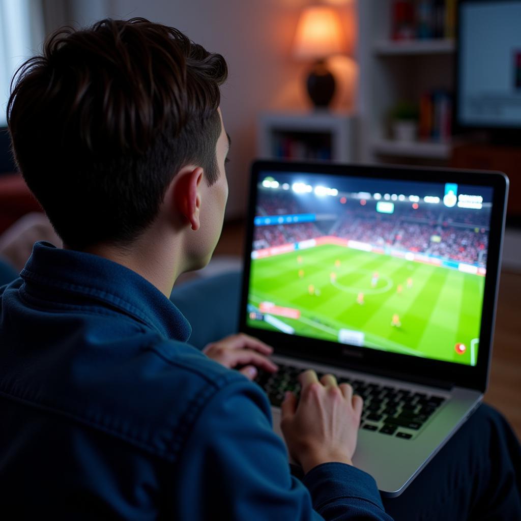 Football Fan Streaming Match on Laptop