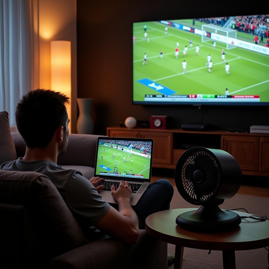 Football Fan Using Laptop for Live Streaming