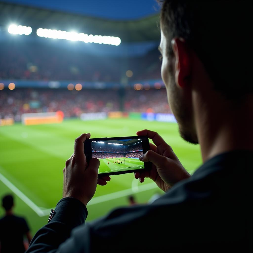 Football Fan Watching a Match on Mobile Device